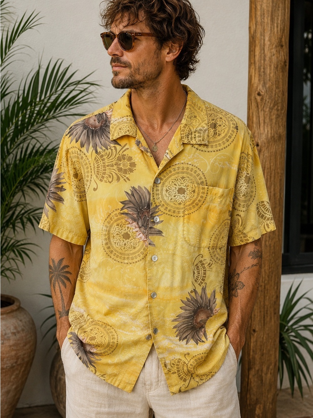 Yellow Sunflower Tencel Button-Up Shirt Men’s L Tropical Beach Resortwear